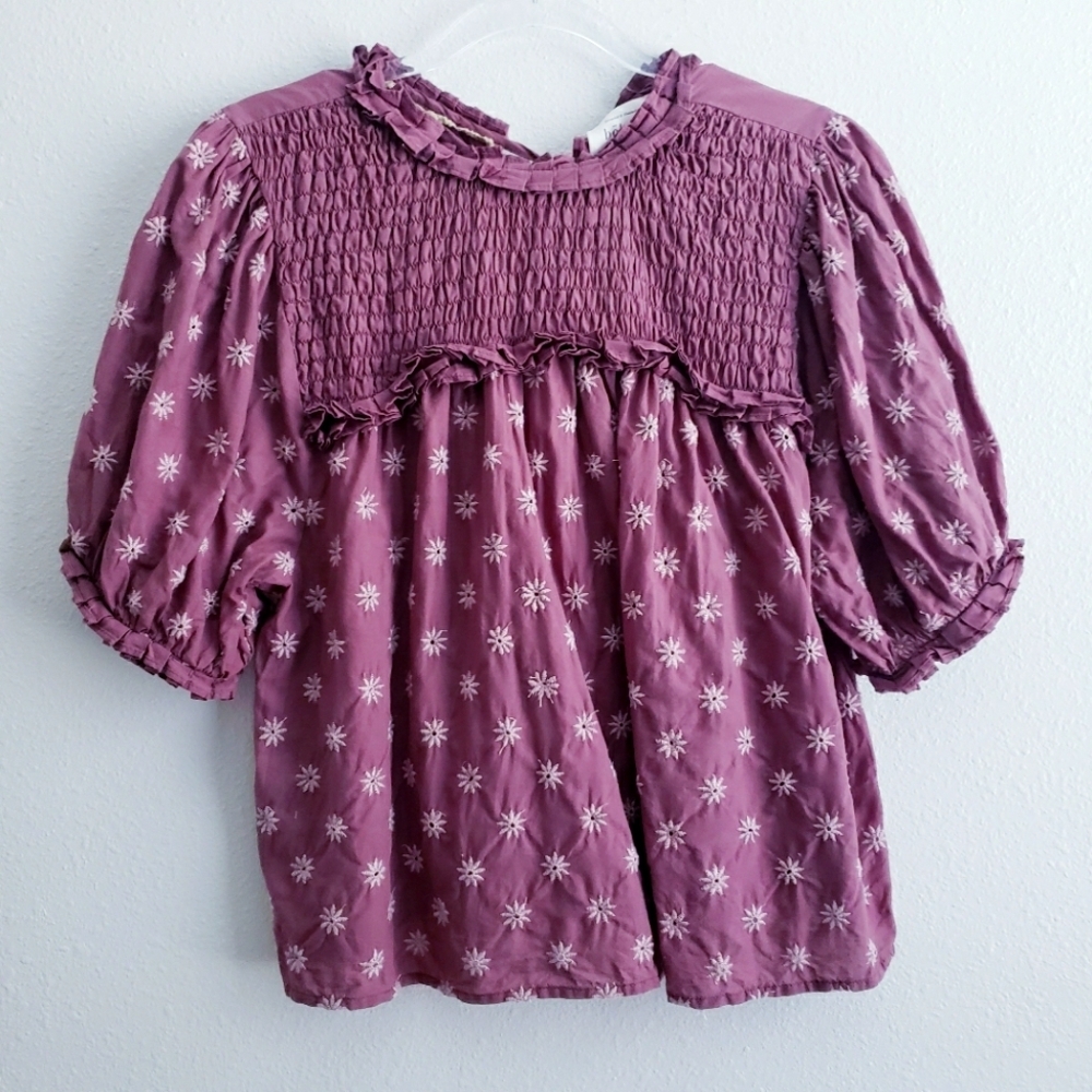 Anthropologie Embroided Peasant Short Sleeve Blouse